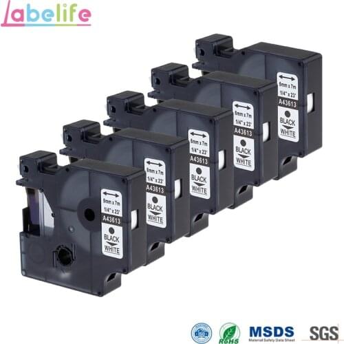 Labelife 5 Pack 43613 Black on White 6mm Label tape Compatible DYMO S0720780 Font colour Black 6 mm X 7m For Dymo Label Printer