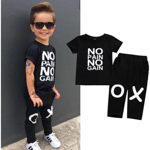 Summer Toddler Kids Baby Boy Clothes Set Outfits No Pain No Gain Printed T-shirt Tops Short Sleeve Pants 2pcs Boys Clothing Set