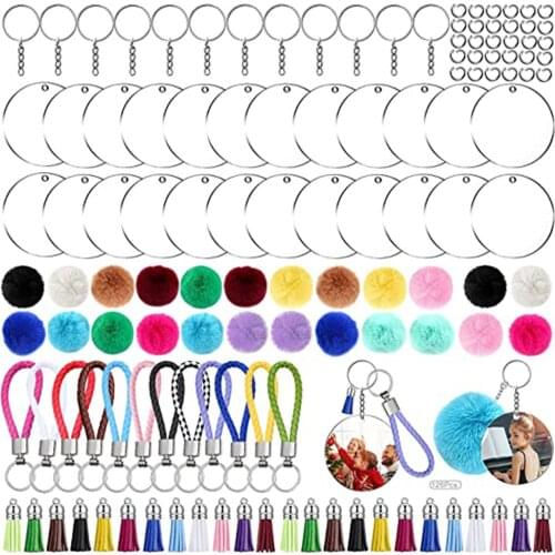 Keychains Set Including 24 Acrylic Blanks 24 Tassels 24 Key Rings 24 Plush Balls 12 Woven Keychains and 30 Jump Rings B03B