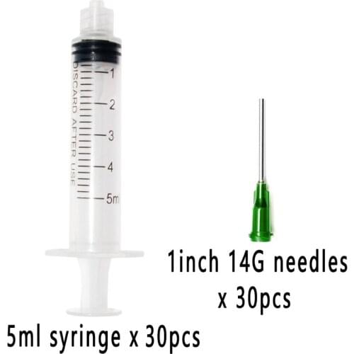 Set of 30)Plastic Syringe 5ml with 1inch 14G Blunt Tip Needles For Lab and Industrial Dispensing Adhesives Glue Soldering Paste