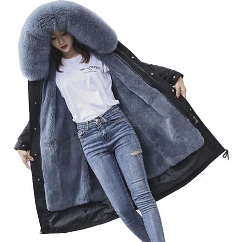 Luxury Winter Coat Parkas Real Fox Fur Hoody and Rex Rabbit Fur Lining Women X-Long Outerwear Warm Coats LF9106