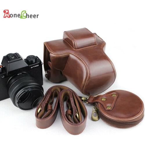 Luxury Leather Camera Case Cover for Fujifilm X-T100 Fuji XT100 PU Half-Body Bag Battery Openning Mini Storage Bag Camera Strap