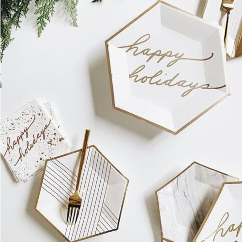 Rose Gold Happy Holiday Disposable Tableware Birthday Party Paper Plates Straws Cup Decoration Wedding Party Supplies yl46