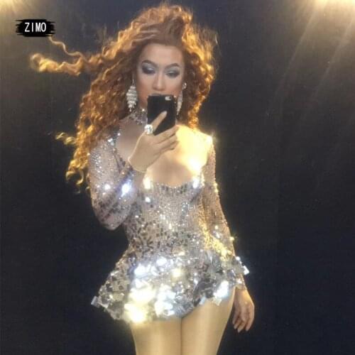 Silver Sequin Rhinestome Sexy Stage Performance Dress Ds Female Singer Dancer Shiny Dress Tight Nightclub Party Dance Costume
