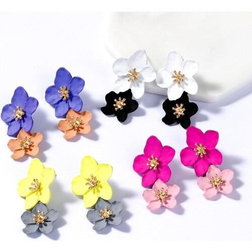 Yingwu Double Flower Earrings Trendy Pink Flowers studs Earrings For Women Wedding Party Jewelry Boho Metal Earrings Female