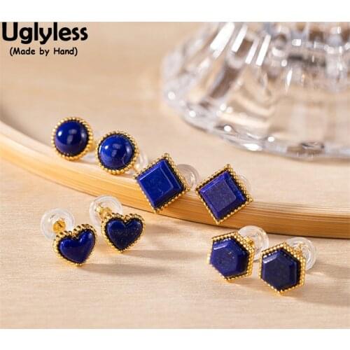 Uglyless Simple Geometric MINI Studs Earrings for Women Nature Noble Blue Lapis Earrings 925 Silver Square Heart Hexagon Jewelry