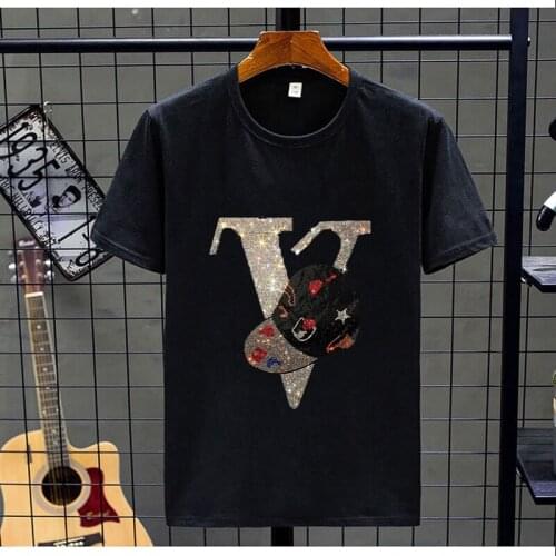 Spring And Summer Mens T-Shirt Loose Breathable O-Neck Short Sleeve Hot Drilling Rhinestone Heavy Craft Tees Shopping Plus Size