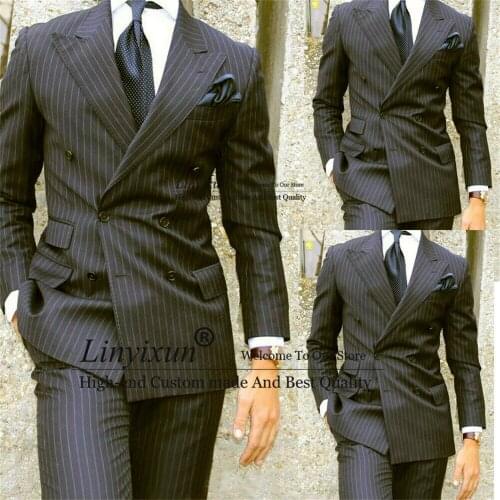 Pinstripe Wedding Blazer With Pants Tuxedo Peaked Lapel Groom Wear Formal Business Groomsman Double Breasted Men Suits 2021