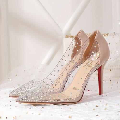 Stunning2021 High Heeled Shoes Women New Ins Xianwang Red Transparent Sexy Rivet Thin Heel Diamond Single Shoe Nude Color