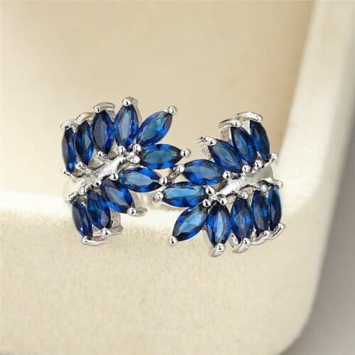 Vintage Female Blue Crystal Stone Ring Dainty Silver Color Big Wedding Rings For Women Trendy Zircon Leaf Engagement Ring