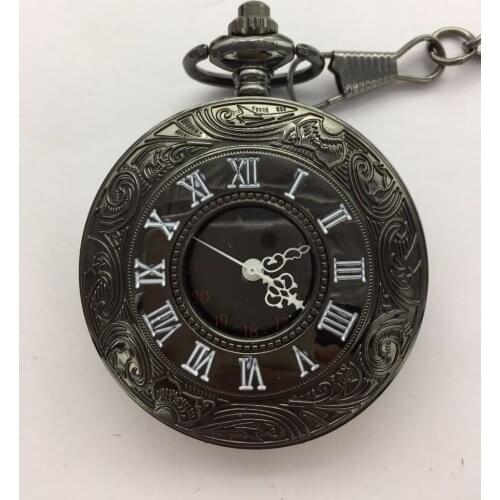 Vintage Black antique white Roman numerals Dual display Hollow out mens pocket watches chain FOB watches