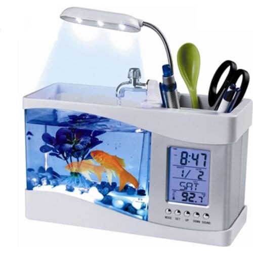 USB Desktop Mini Fish Tank Beta Aquarium with LED Light LCD Display Screen and Clock Fish Tank Decoration with Pebbles