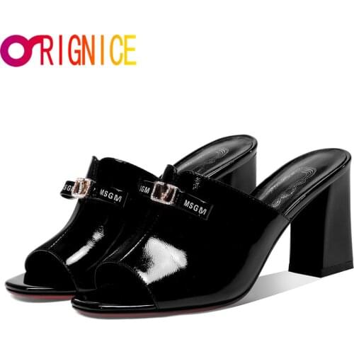 Orignice Big Size 42 Slipper Women Cow Patent Leather Bowknot Square High Heels Sandals Top Quality Elegant Office Ladies Shoes