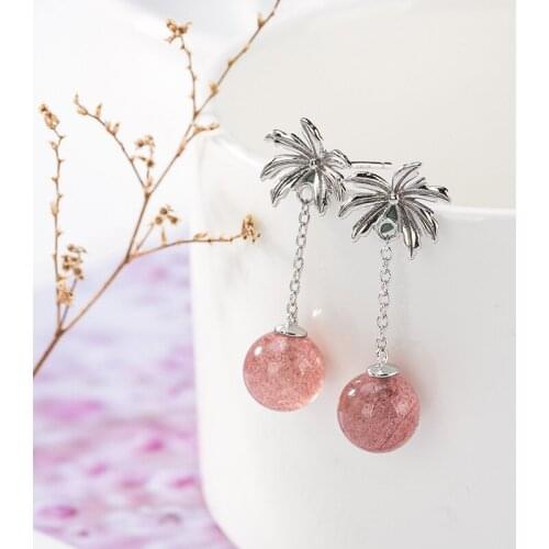 925 sterling silver natural strawberry quartz eardrops simple personality fresh all-match Fashion Womens ear studs ornament