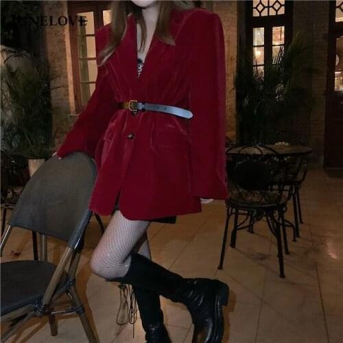 JuneLove Vintage Blazer With Belt Women Notched Collar Long Sleeve Korean Chic Jackets Casual Female Single Breasted Outerwears