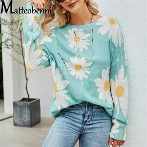 2021 Autumn Winter New Casual Loose O Neck Long Sleeve Women Sweater Knitted Top Floral Print Hollow Out Ladies Sweater Pullover