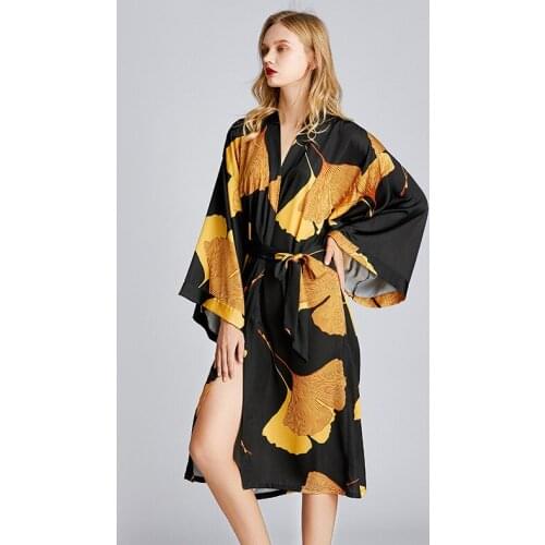 Satin Lingerie Bathrobe Femme Silk Robes for Women Long Gowns Printed Long Sleeve Sleepwear Sexy Terry Sheer Shower Robe