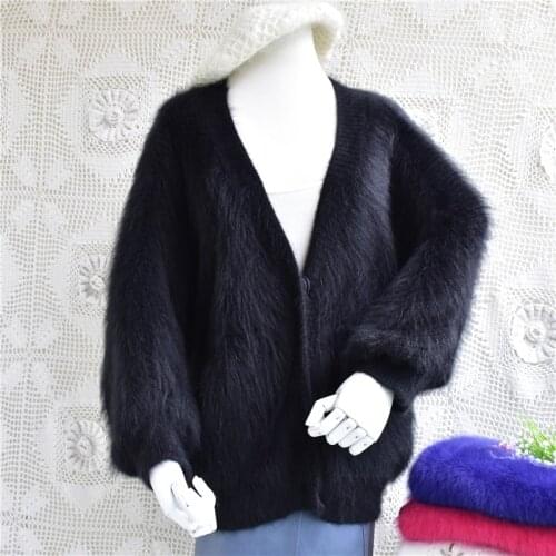 Top mujer femme winter thick warm V-neck fashion angora rabbit fur cardigans long bat wing sleeves knitted sweater coat jacket