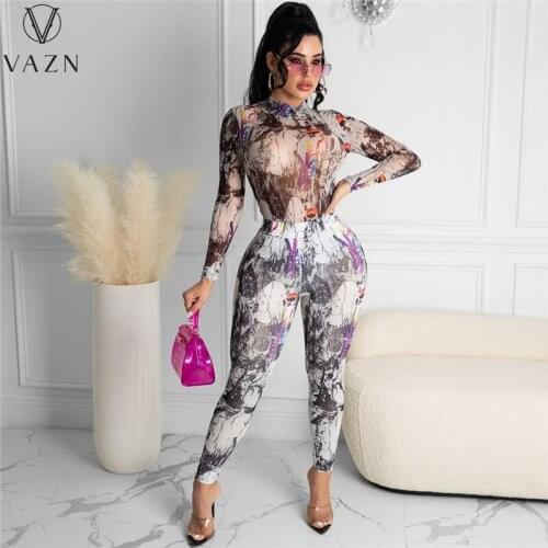 VAZN 2021 Early Autumn Young Night Party Lady Sexy Vintage Turtleneck Full Sleeve Women Skinny Long Pencil Jumpsuits