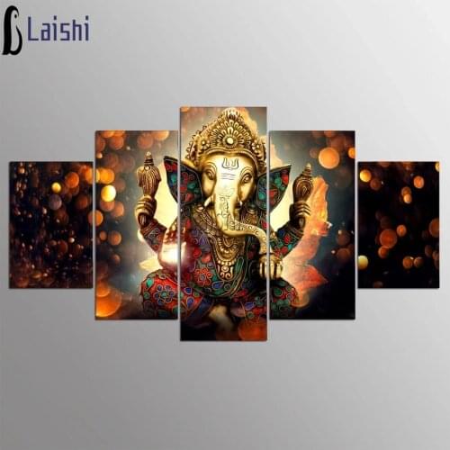5pcs Ganesh Elephant Trunk God Ganesha, Hindu god Landscape Picture full round square drill mosaic Wall Art Home Decoration Gift