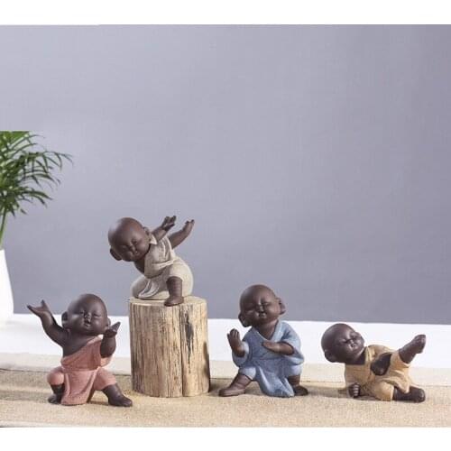 Chinese Tea Accessories Four Kung Fu Monk Tea Pet Ceramic Purple Clay Roast Pet Home Decor Furnishing Articles Monk Decoration