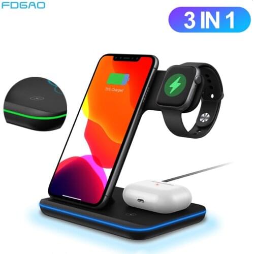 FDGAO 3 in 1 Fast Wireless Charger 15W Qi Charging Station For iPhone 12 Mini 11 XS XR For Apple Watch SE 6 5 4 3 2 AirPods pro