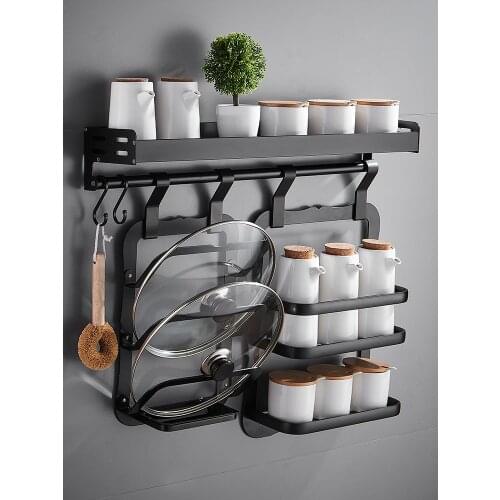 Black seasoning rack kitchen shelf wall hanging storage device rack without holes