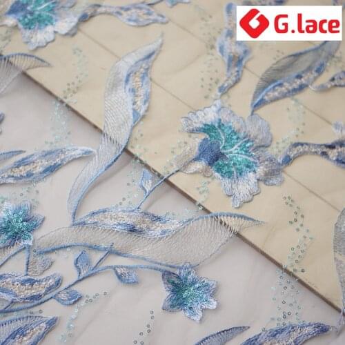 GLace 1Y/Lot Blue sequins lace fabric embrodiery mesh fabric dress material decoration clothing accessoriesTX101