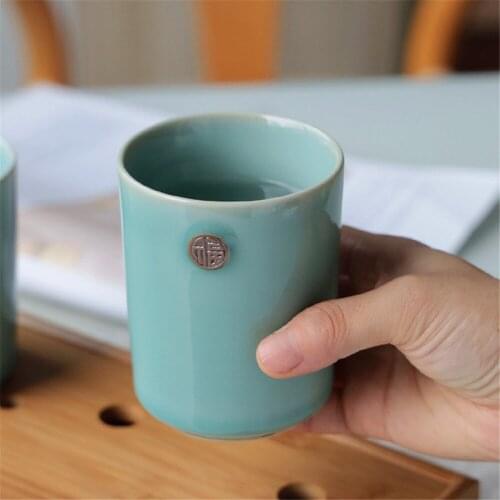 Chinese Teacup Flat Cup 6oz Coffee Mug Ceramic Cup of Tea Engraved FU Celadons Porcelain Drinkware Japan Style Glaze Pottery