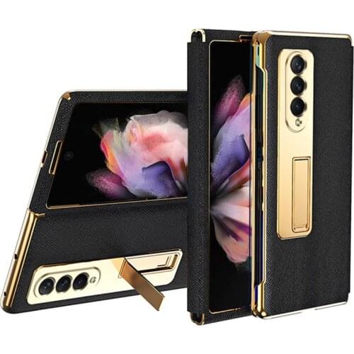 Case for Samsung Galaxy Z Fold 3 Leather Flip Cover Luxury Stand Function Plating Frame Hard Back Case for Z Fold 3 5G
