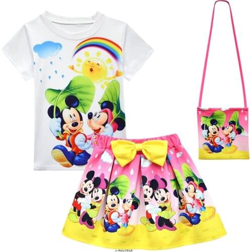 Disney Minnie Mickey Girls Dress Summer Kids Clothes Girl Cartoon Clothing Princess Dress T-shirt and Skirt Set