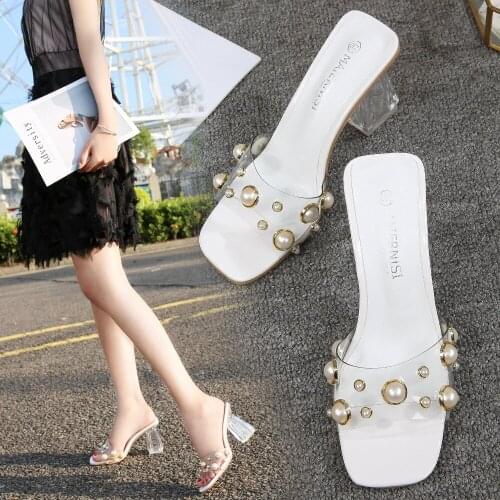 Summer High Heels Sandals Women Sexy Clear PVC Transparent Pearl Crystal Chunky Heels Shoes Party Shoes