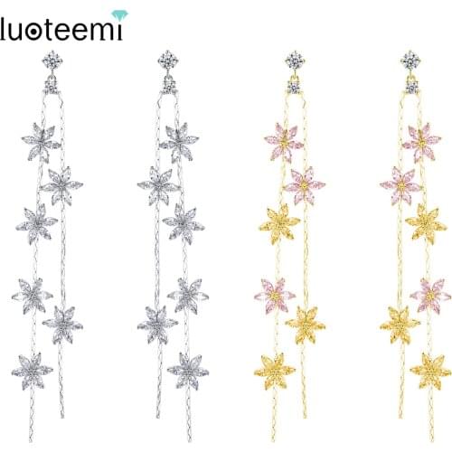 LUOTEEMI Romantic Design Flower Long Drop Dangle Earrings for Women Girls Wedding Party Paved AAA+ Cubic Zircon Fashion Jewelry