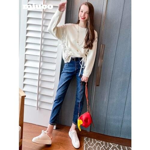Fashionable high waist straight tube sticking cloth hot drilling versatile jeans womens wear 2021 High Quality Top Quality