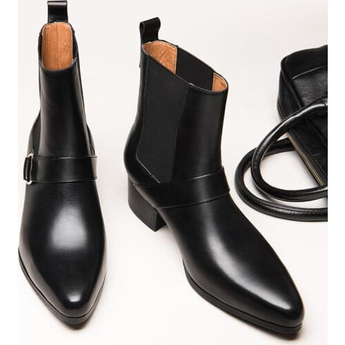 Classical Buckle Belt Pointed Toe Chelsea Boots Mens Genuine Leather Retro Ankle Boots Business Man Heighten Shoes 5CM Heels