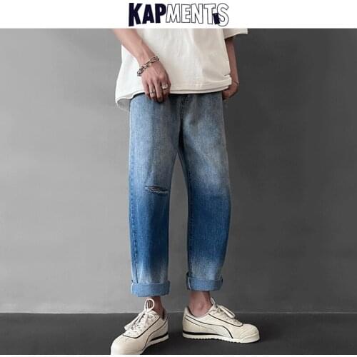 KAPMENTS Men Gradient Korean Hole Harem Jeans Pants 2020 Mens Streetwear Harajuku Baggy Blue Jeans Male Oversized Denim Joggers