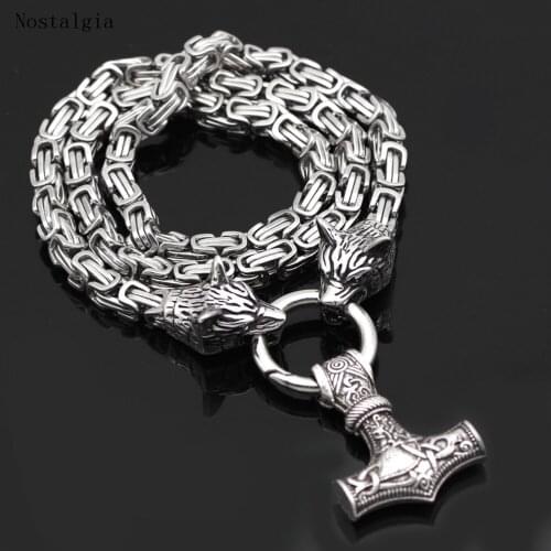 Men stainless steel necklace viking wolf head with thors hammer mjolnir pendant Odin Raven Cross Talisman Ethnic Jewelry