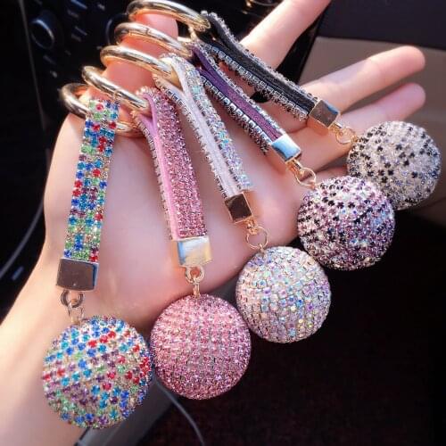 New Strass Rhinestone Keychains High Quality Leather Strap Crystal Ball Car Keychain Charm Pendant Key Ring For Women J021