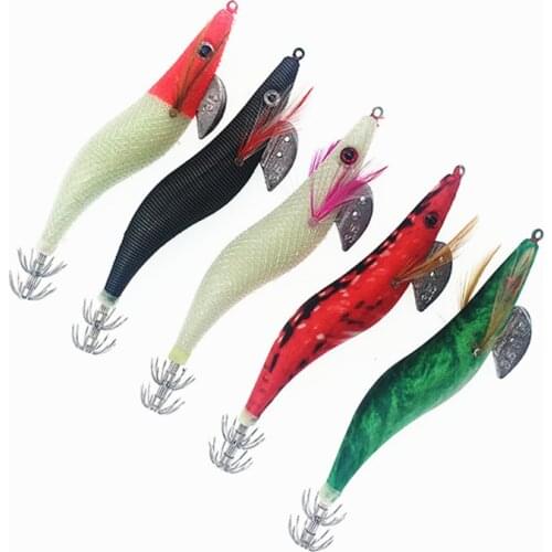 Squid Jigs Fishing Lure 5Pcs Octupus Lures Wood Shrimp 13.5cm 21g Cuttle Umbrella Hook 3.5