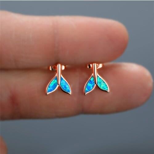Simple Female Blue Opal Stone Earring Trendy Fishtail Small Stud Earrings For Women Cute Bridal Rose Gold Color Wedding Earrings