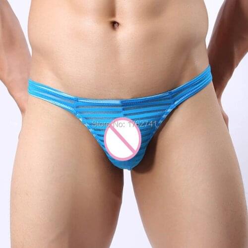 Sexy Men Low-rise Sheer T-back Underwear Soft Striped Gauze Pouch Bikini Thongs