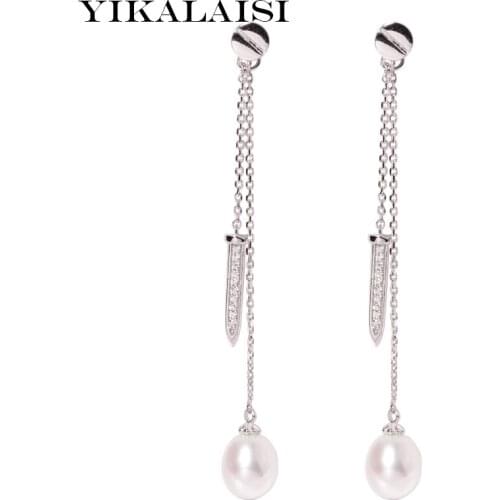 YIKALAISI 925 sterling silver pearl Jewelry earrings new 100% genuine Natural long earrings fashion jewelry for Women 8-9mm gift