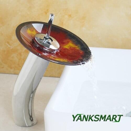 YANKSMART Chrome polished Wide Spout Glass Waterfall Single Handle Bathroom Lavatory Vanity Basin Sink Faucets Sink Mixer Tap