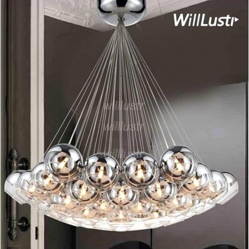 Modern LED Crystal Glass Ball Pendant Light Loft Staircase Hotel Hall Semi Sliver Glass Globe Multi Head Cluster Hanging Lamp