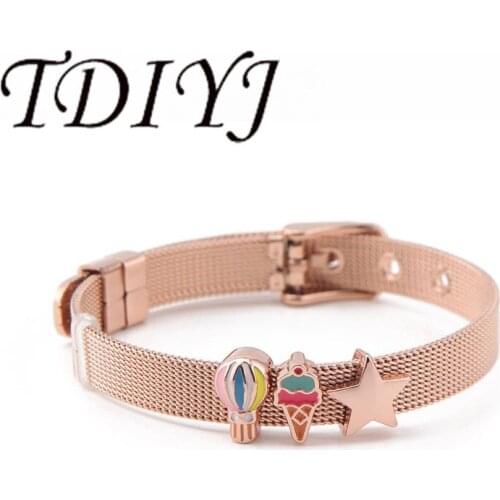 TDIYJ Newest Collection Travel Ice Cream 8MM Stainless Steel Mesh Kids Bracelet Slide Charms for Women 1Set