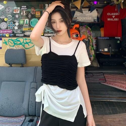 Tops White Round Neck Temperament Irregular Drawstring Short-sleeved Shirt Female Summer New Style Korean Loose Thin T-shirt