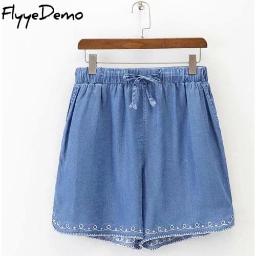 All Match Cool Embroidery Blue Casual Women Denim Shorts High Waist Loose Summer Jeans Shorts Feminino Ladies Bottom Plus Size
