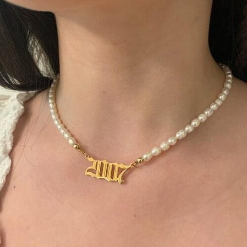 Gothic Old English Number Necklaces Imitation Pearl Necklaces Choker Chain Birth Year Necklace Collier Femme Minimalist Jewelry