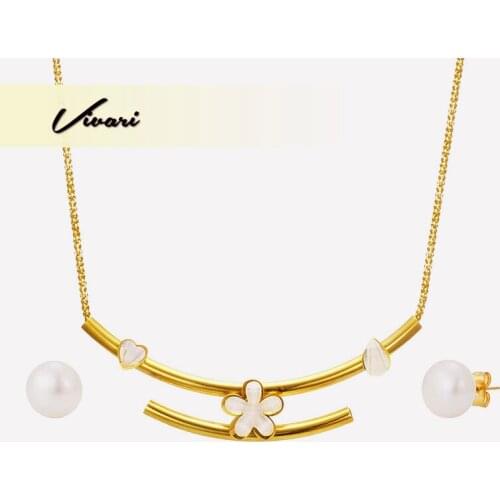 Vivari 2018 Fashion Elegant Jewelry Set Necklace Women Display Pearl Earrings For Women Steel Pipe Gold Color Flowers Decoration