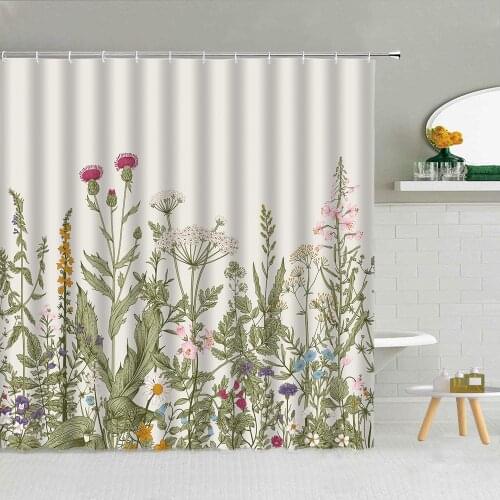 Spring Floral Scenery Shower Curtain Green Plant Flowers Bathroom Decor Hooks Curtains Flower Waterproof Fabric Bath Screen